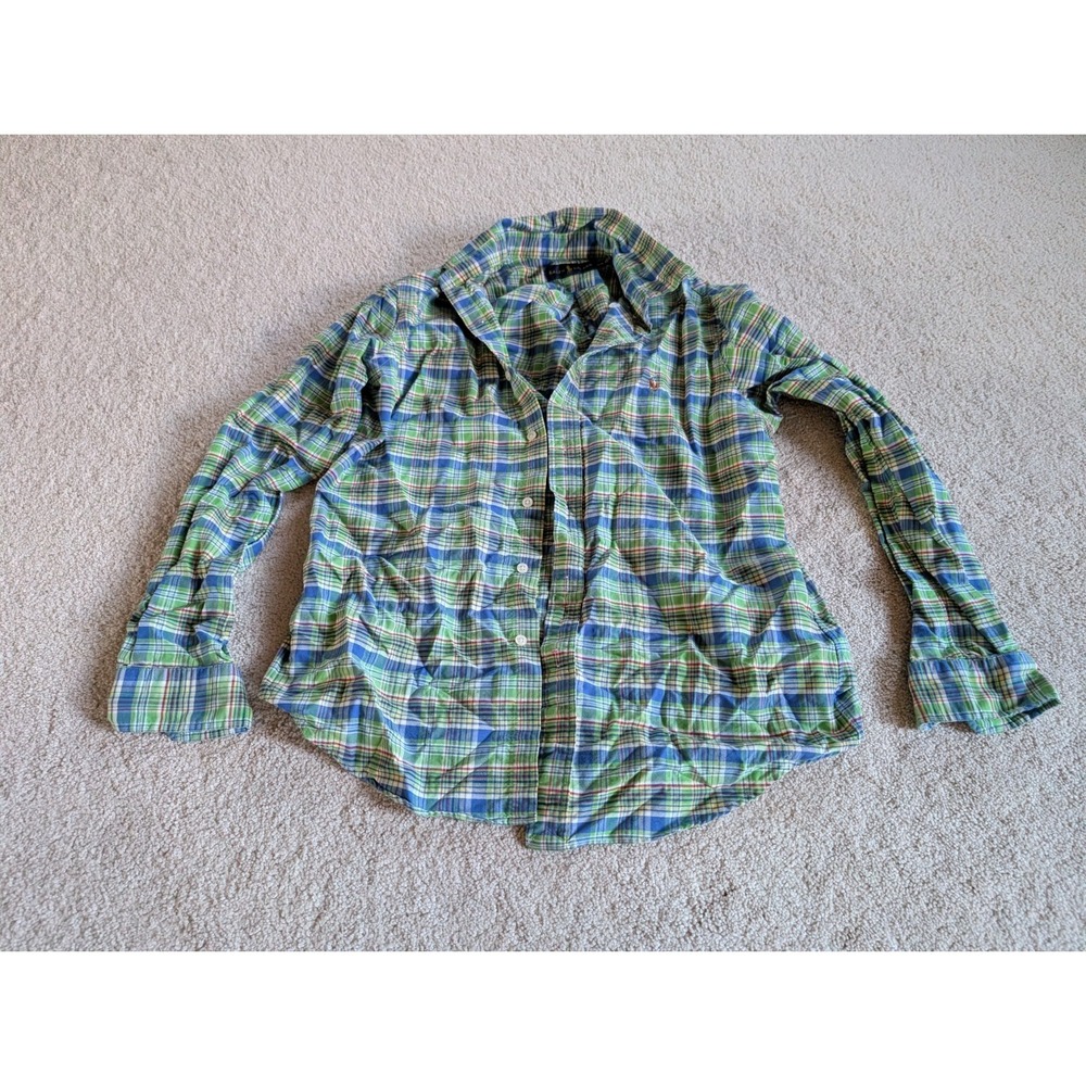 Men's Ralph Lauren Green Blue Plaid Button Down Shirt Medium Long Sleeve